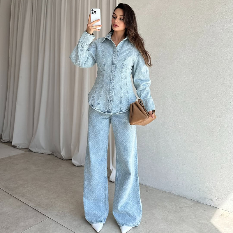 New POLO-collar, Cinched-waist Denim Casual And Comfortable Set