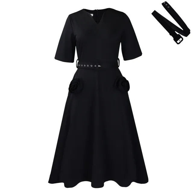Fashion V neck Elegant Short sleeved Waist tie Plus size Dress Black Belt - Shop at LoveMi