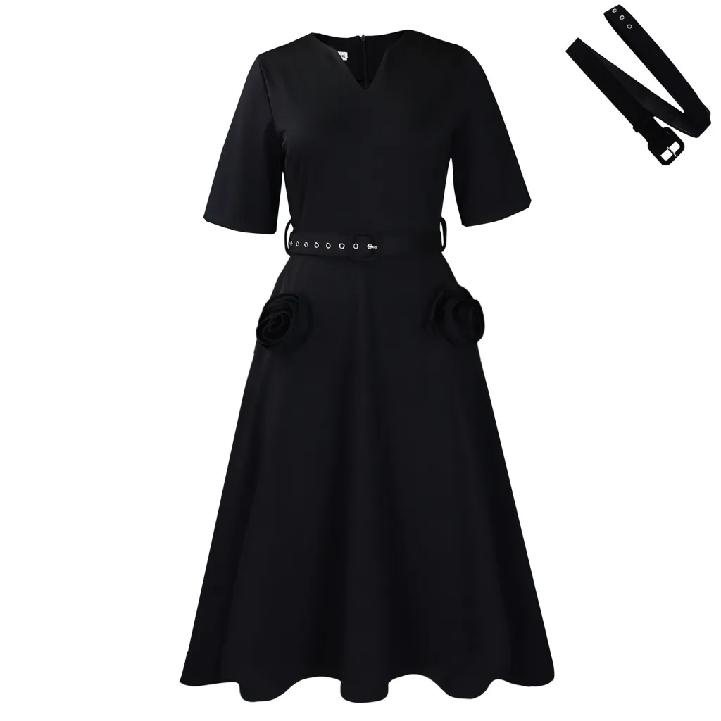 Fashion V-neck Elegant Short-sleeved Waist-tie Plus-size Dress - Black Belt