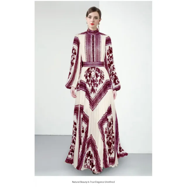European And American Elegant Stand up Collar Puff Sleeve Positioning Printed Waist controlled Pleated Puffy Long Dress Wine - Shop at LoveMi