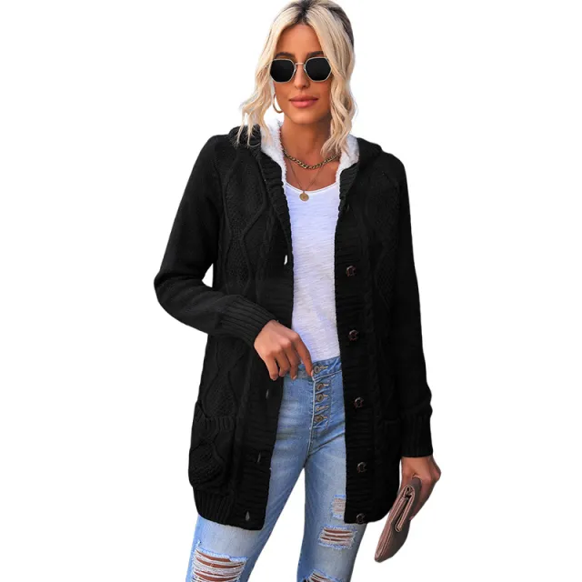 Women's Winter Solid Color Mid length Cardigan Sweater Coat Black - Shop at LoveMi