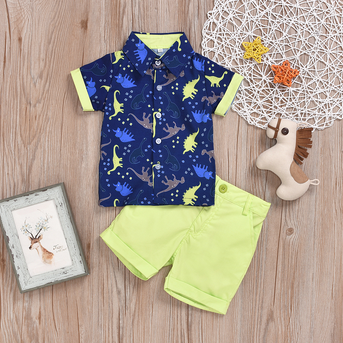 In Blue Printed Dinosaur Short-sleeved Shirt Suit Shorts