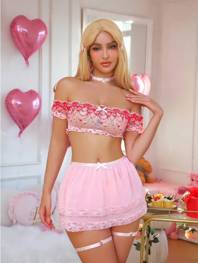 European And American Underwear Off shoulder Pajamas Pink - Shop at LoveMi