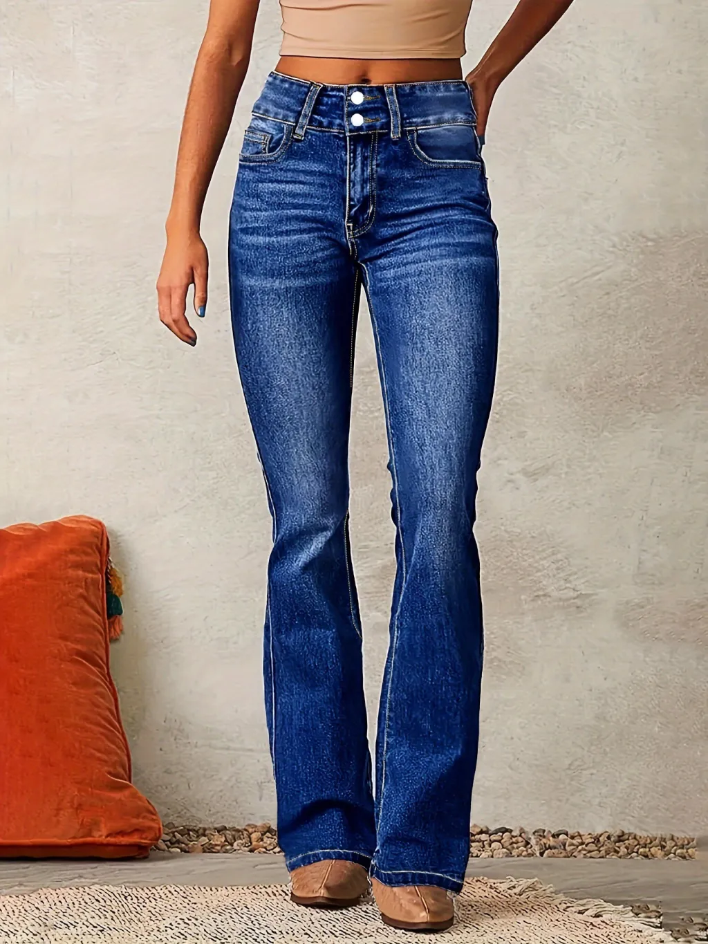 Skinny Flared Jeans With Pockets Fashion Button Zipper Trousers Women's Slim Denim Pants - Dark Blue