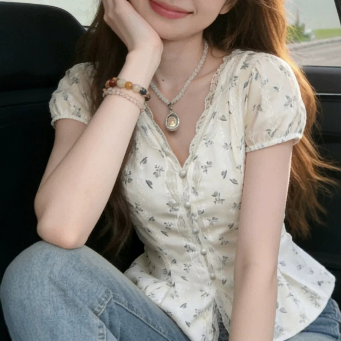 Delicate Lace Trim Floral V-Neck Shirt