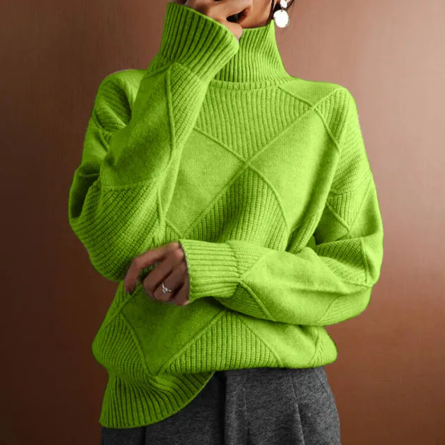 Loose High Collar Warm Sweater Solid Color Knitted Women Retro Green - Shop at LoveMi