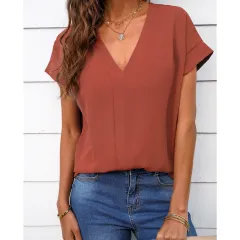 Summer Top Solid Colour And V-neck Short Sleeve T-shirt - Orange Pink - View 1