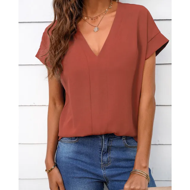 Summer Top Solid Color And V neck Short Sleeve T shirt Orange Pink - Shop at LoveMi