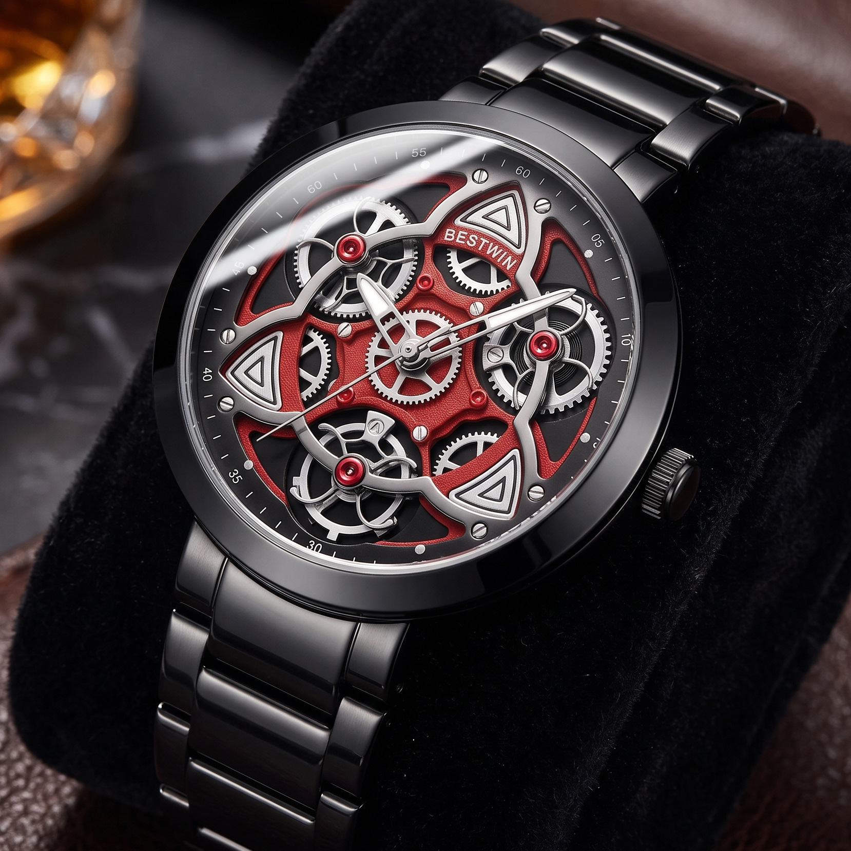 Men's Steel-band Gear Mechanical Skeleton Quartz Watch