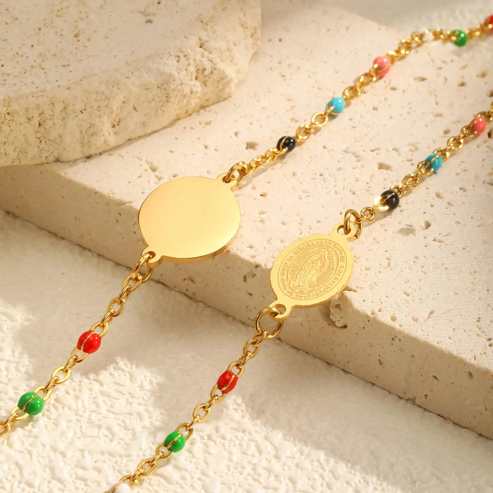 Fashionable Stainless Steel Colorful Rice-bead Necklace With An Empty Virgin Mary Pendant