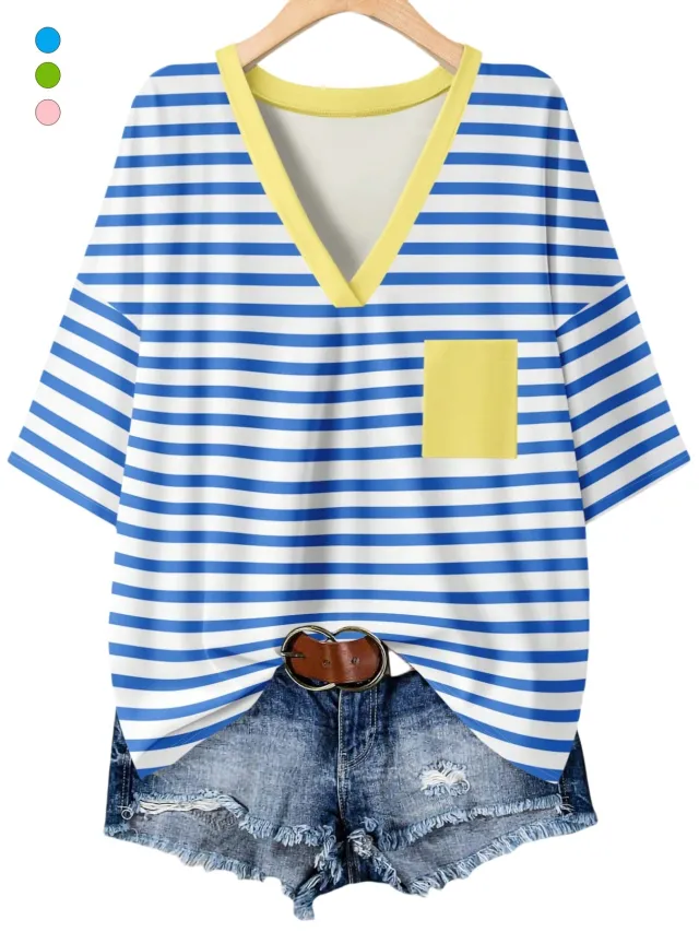 Artistic Relaxed fit Casual Slimming V neckline Pocket 34 Sleeve Top Sky Blue - Shop at LoveMi