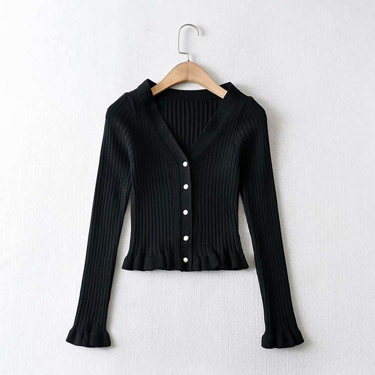 Retro V-neck Tree Fungus-like Lacework Slim Fit Slimming And Short Long Sleeve Base Knitting Cardigan Top