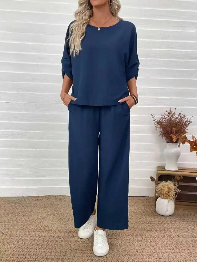 Women's Casual Top Wide Leg Pants Set Blue - Shop at LoveMi