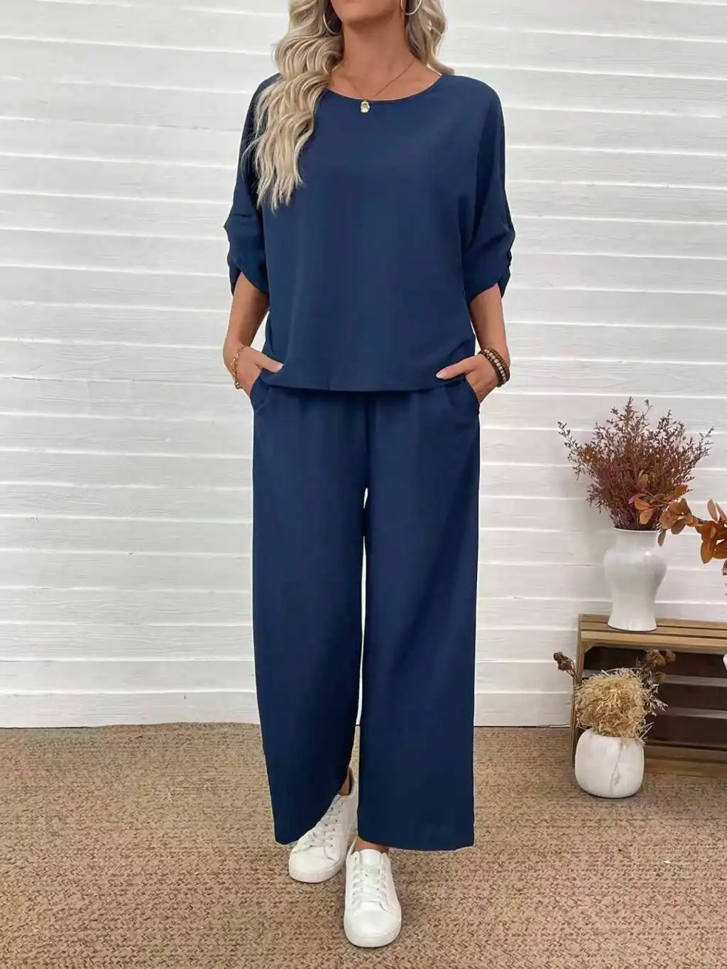 Women's Casual Top Wide Leg Pants Set - Blue