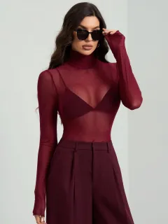 Pure Color Mesh Slim Fit Slimming Long Sleeves Temperament Commute Top - Wine Red - View 1