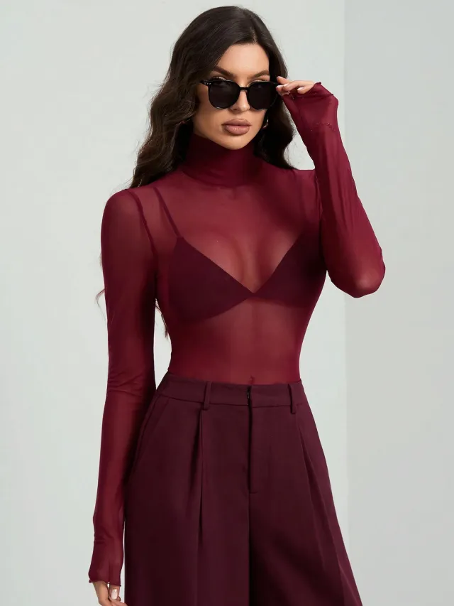 Pure Color Mesh Slim Fit Slimming Long Sleeves Temperament Commute Top Wine Red - Shop at LoveMi