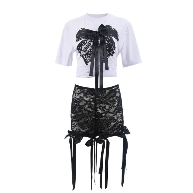 Sexy 3D Butterfly Printed Loose Top Lace Trendy Shorts Suit Women Black And White Set - Shop at LoveMi
