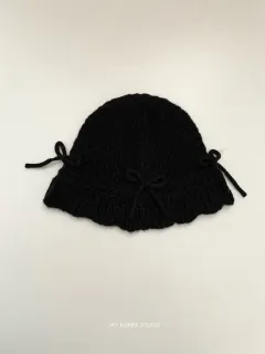 Autumn And Winter Bow Knitted Fisherman Hat Wool Bucket - Black - View 1