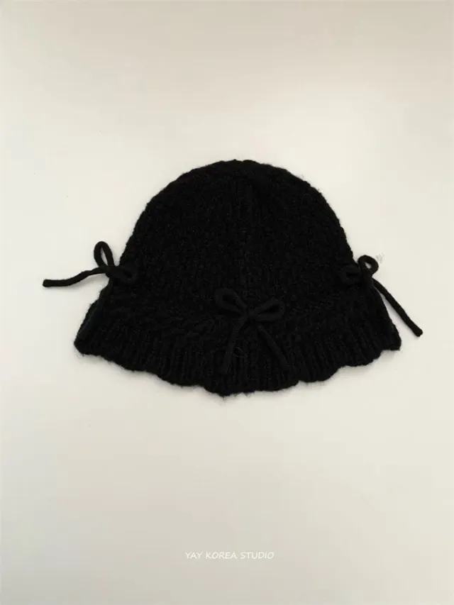 Autumn And Winter Bow Knitted Fisherman Hat Wool Bucket Black - Shop at LoveMi