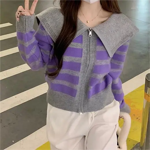 Sailor Collar Striped Sweater Coat Design Sense Niche Hot Drilling Gray - Shop at LoveMi