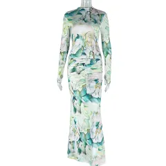 Printed Waist-wrapped Slim Fit Skirt Pleated Dress High Collar Two-piece Set - Green And Floral Pattern - View 1