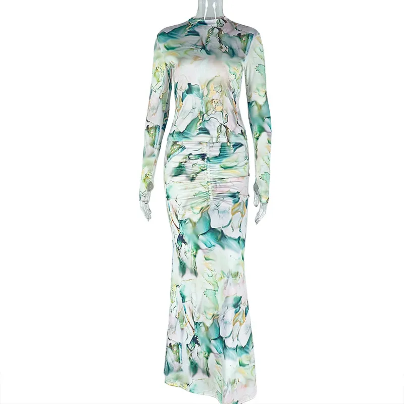 Printed Waist-wrapped Slim Fit Skirt Pleated Dress High Collar Two-piece Set - Green And Floral Pattern
