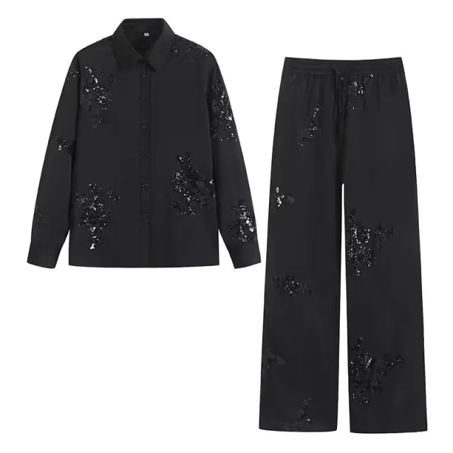 Spring Summer Women's Wear Shirt Outfit Beads Decoration Top High Waist Pants Black Suit - Shop at LoveMi