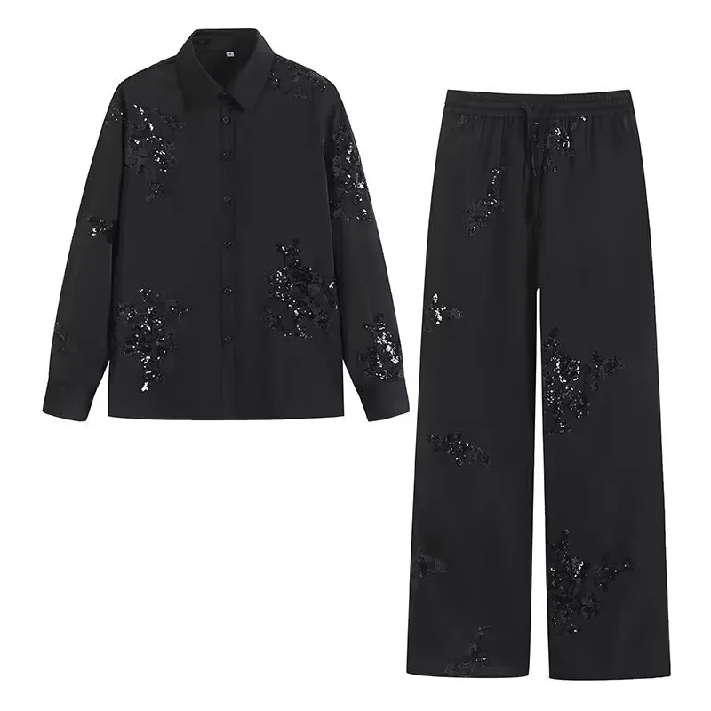 Spring Summer Women's Wear Shirt Outfit Beads Decoration Top High Waist Pants - Black Suit