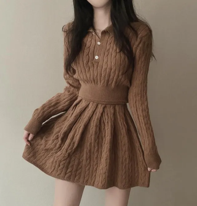 Cute Knitted Sweater Pleated Skirt Slimming Slim Fit Suit Khaki - Shop at LoveMi