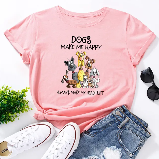 Women's Dog Printed Loose Round Neck Short Sleeve T shirt Pink - Shop at LoveMi