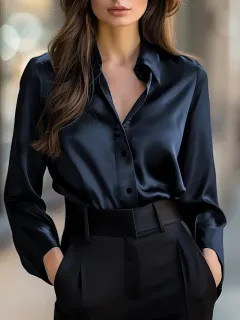 Solid Colour Fashion Elegant Long Sleeve Button Shirt Women's Clothing - Blue - View 1