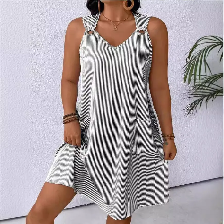 New Round Neck Striped Style With Pockets Suspender Jumpsuit Skirt - Black