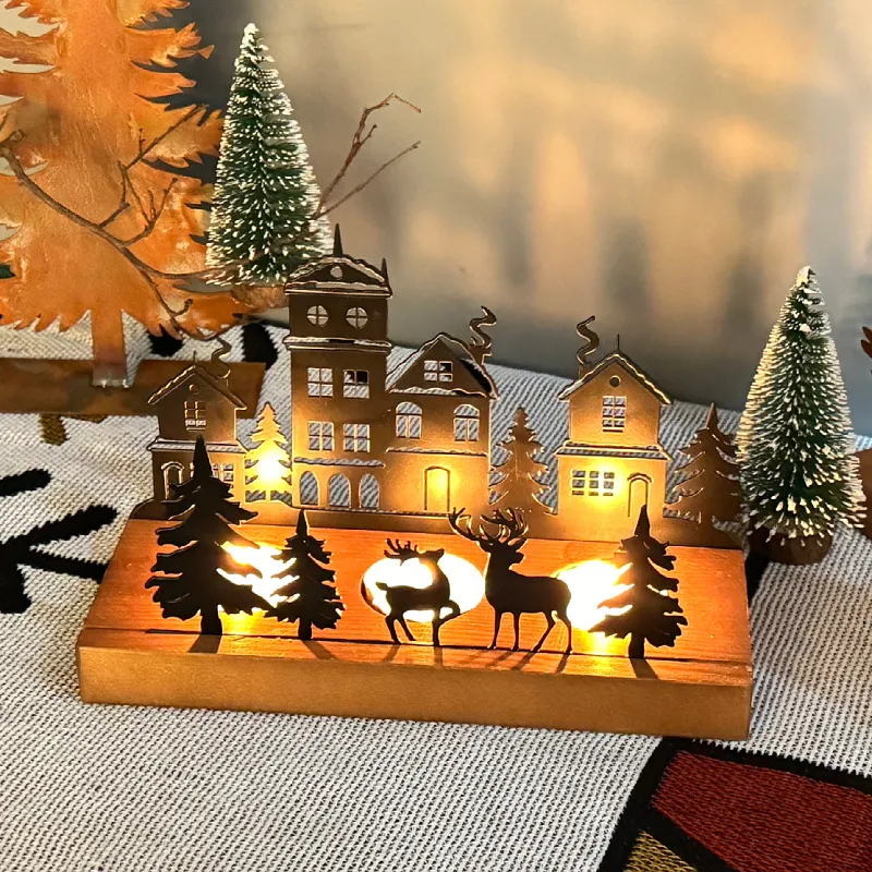Wrought Iron Christmas Tree Candle Stick Wooden Base Candle Holder – image 4