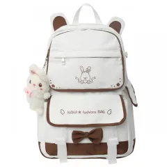 Student Fashion Rabbit Pendant Casual Backpack - Brown - View 1