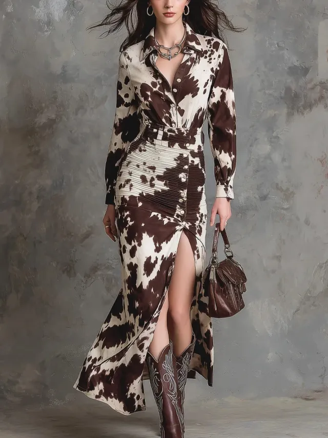 Digital print Cardigan Long sleeve Button down Irregular length Dress Brown - Shop at LoveMi