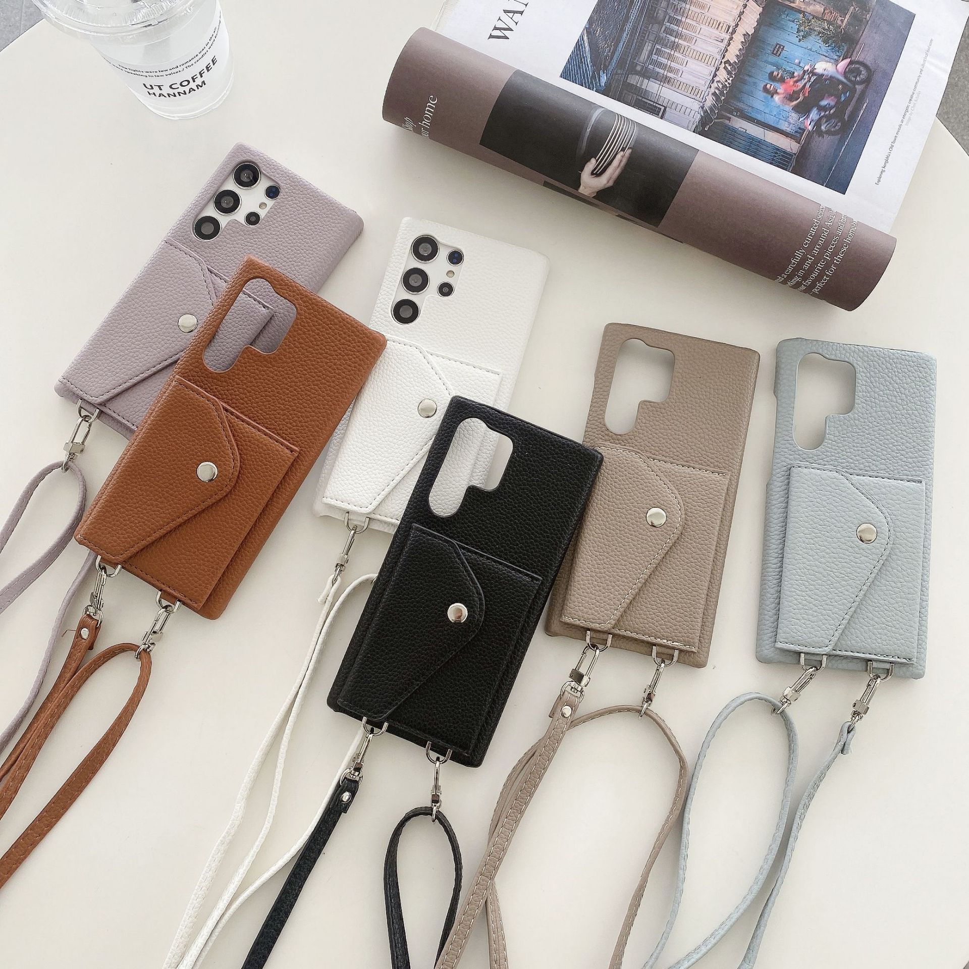 Litchi-textured Triangular Flip Card Holder With Lanyard For S24 Ultra