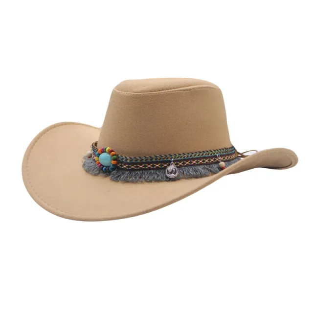Ethnic Style Denim Top Hat Curling Felt Cap Horse Riding Hat Light Khaki - Shop at LoveMi