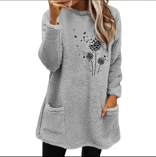 Plant Print Double sided Velvet Pocket Round Neck Sweater Gray - Shop at LoveMi