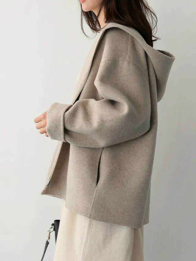 Autumn And Winter Korean Style Hooded Woolen Coat Women Khaki - Shop at LoveMi