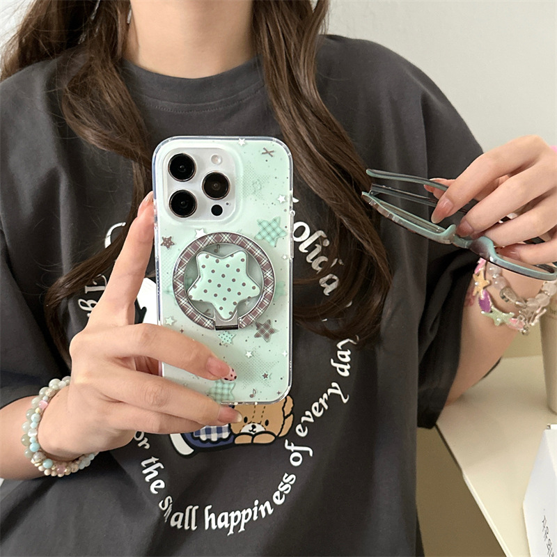 Mint Green Plaid Phone Case With Magnetic Stand