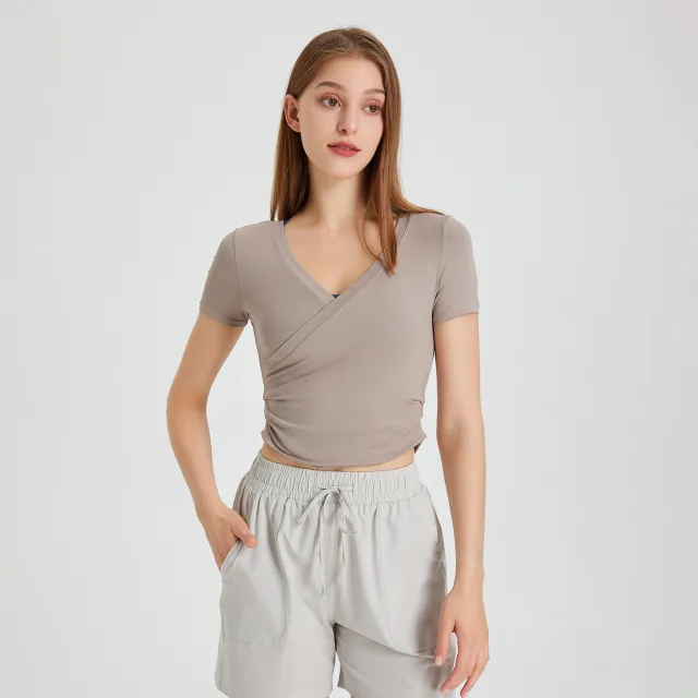Fitness V neck Yoga Jacket Women's Short Sleeve Milk Tea L - Shop at LoveMi