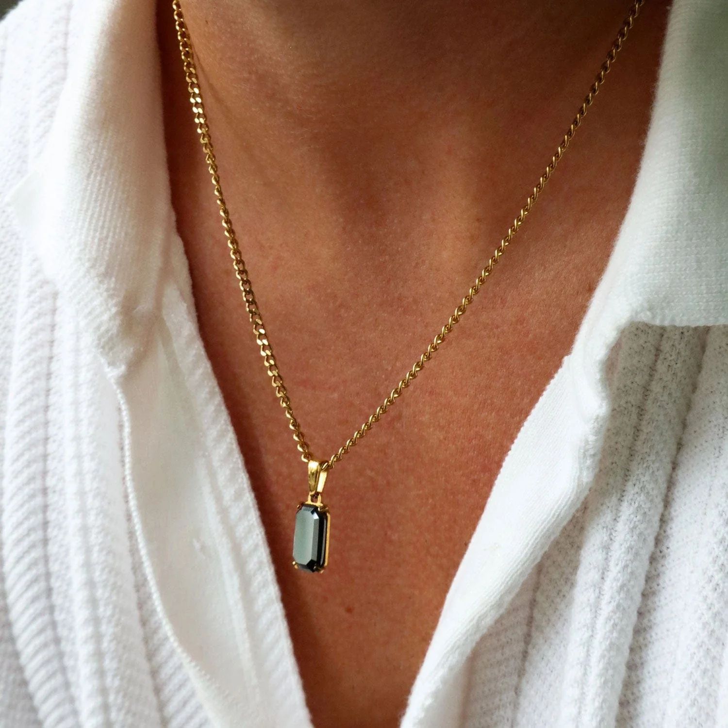 Geometric Rectangular Pendant Layered Cuban Chain Necklace