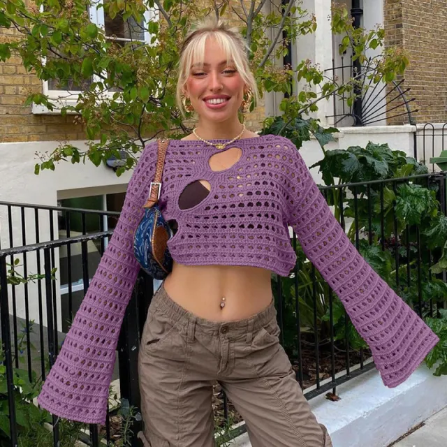 Summer New European And American Style Fashion Sexy Irregular Ripped Hollow out Knitted Blouse Pink Purple - Shop at LoveMi