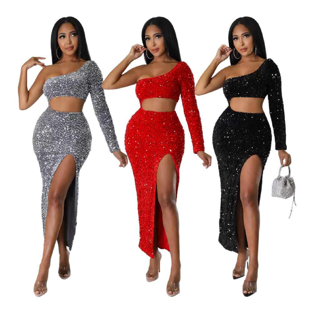 One-shoulder Fashionable Sequins Sexy Navel Split Hip Women's Clothing Dress - Image 1