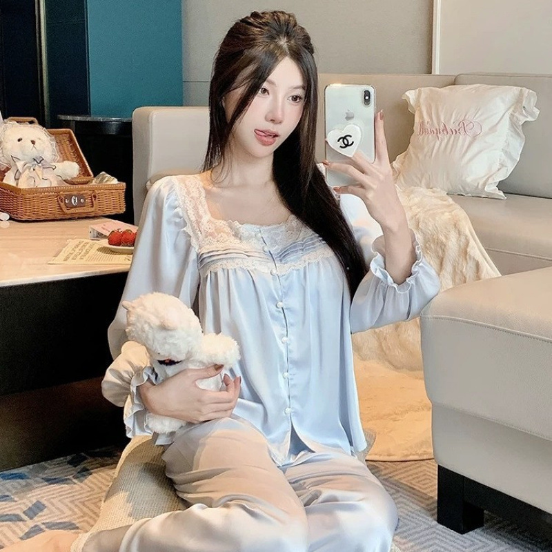 Ice Silk Pajamas Women's Court Long-sleeve Suit