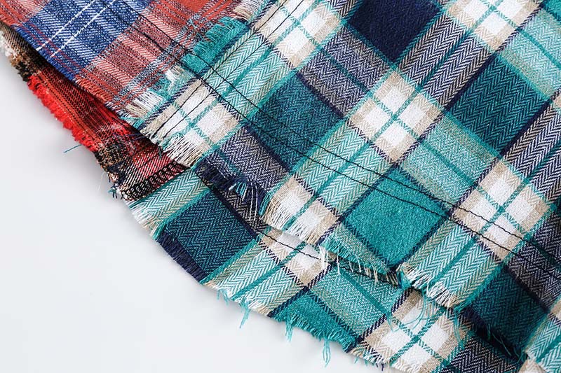 Multi-color Mosaic Plaid Fringed Hem Long Sleeve Shirt Men