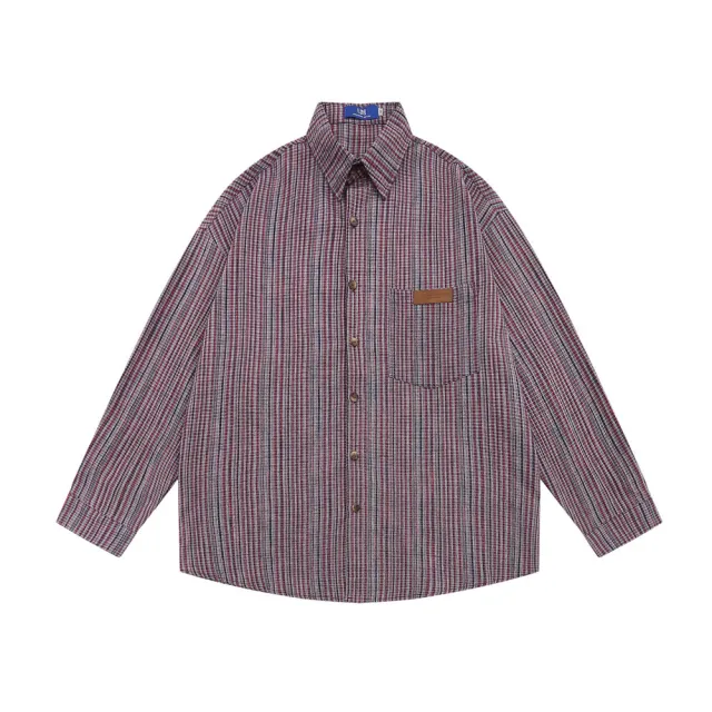 Retro Fine Plaid Striped Long Sleeve Shirt Loose Casual Japanese Workwear Tops Red - Shop at LoveMi