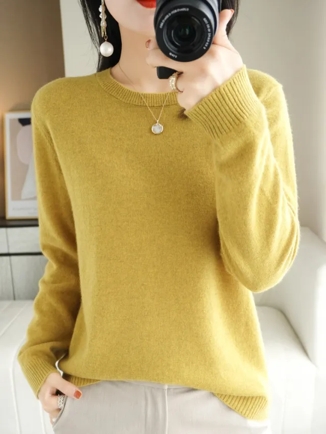 Slim Fit Solid Color Round Neck Base Pullover Sweater Mustard Yellow - Shop at LoveMi
