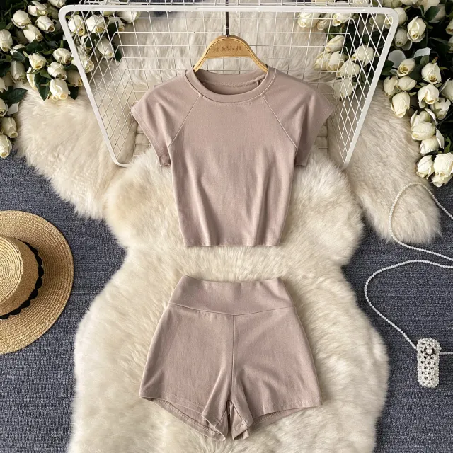 Crew neck Cropped T shirt High waisted Slimming Shorts Apricot - Shop at LoveMi
