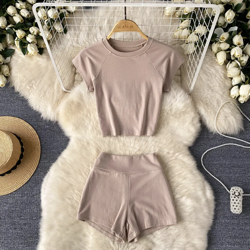 Crew-neck Cropped T-shirt High-waisted Slimming Shorts - Apricot